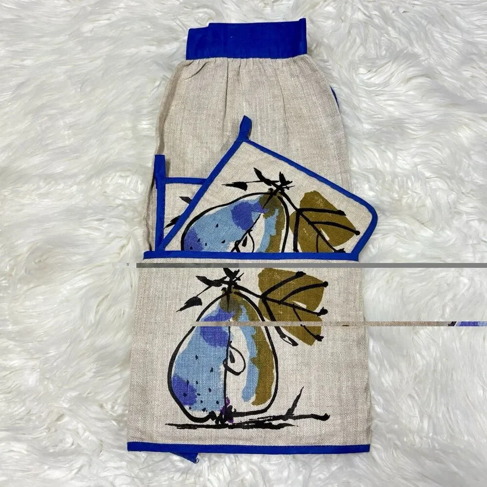 Vintage Vera Neumann Linen Blue Pear Pocketed Apron w/ Matching Pot Holders